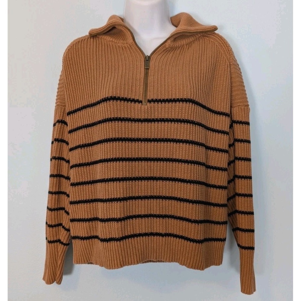 Rachel Zoe Quarter Zip Sweater Ribbed Women's Small Brown Stripes Cotton Blend